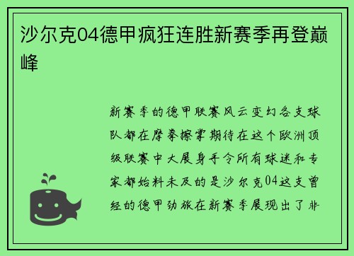 沙尔克04德甲疯狂连胜新赛季再登巅峰